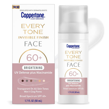 Coppertone Every Tone Invisible Finish Brightening UV Defense Gesichtssonnencreme SPF 60+ mit Niacinamid, Leicht, Klare Sonnencreme für alle Hauttöne, 1,7 Fl Oz Pumpflasche