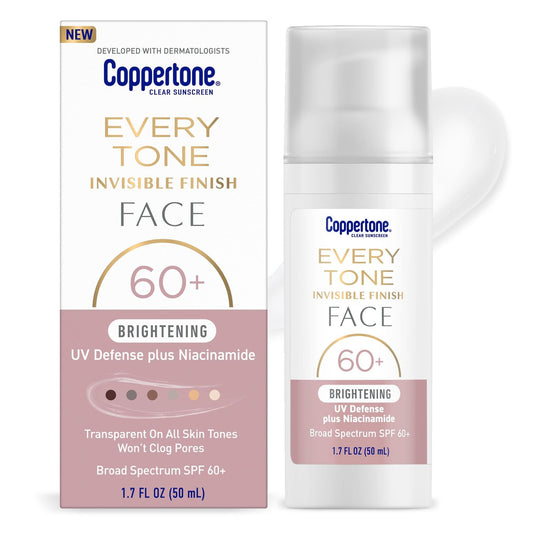 Coppertone Every Tone Invisible Finish Brightening UV Defense Gesichtssonnencreme SPF 60+ mit Niacinamid, Leicht, Klare Sonnencreme für alle Hauttöne, 1,7 Fl Oz Pumpflasche