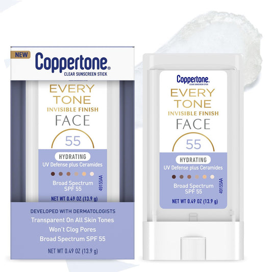 Coppertone Every Tone Invisible Finish Hydrating UV Defense Face Sunscreen Stick SPF 55 mit feuchtigkeitsspendenden Ceramiden – Transparenter Sonnenschutz für alle Hauttöne, 0,49 Unzen Stick
