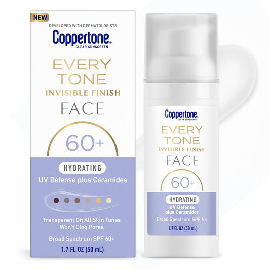 Coppertone Every Tone Invisible Finish Hydrating UV Defense Gesichtssonnencreme LSF 60+ mit Ceramiden – Leicht, unsichtbarer Schimmer für alle Hauttöne, 50 ml Pumpflasche