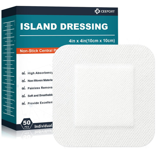 Ceeport Island Dressing 4x4 Zoll, 50 einzeln verpackte Wundauflagen mit Rand, 2,36x2,36 Zoll nicht haftende Auflage in der Mitte mit Kleberand, hochsaugfähige, nicht gewebte medizinische Verbände für Wunden