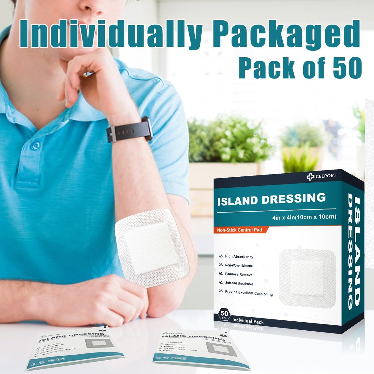 Ceeport Island Dressing 4x4 Zoll, 50 einzeln verpackte Wundauflagen mit Rand, 2,36x2,36 Zoll nicht haftende Auflage in der Mitte mit Kleberand, hochsaugfähige, nicht gewebte medizinische Verbände für Wunden