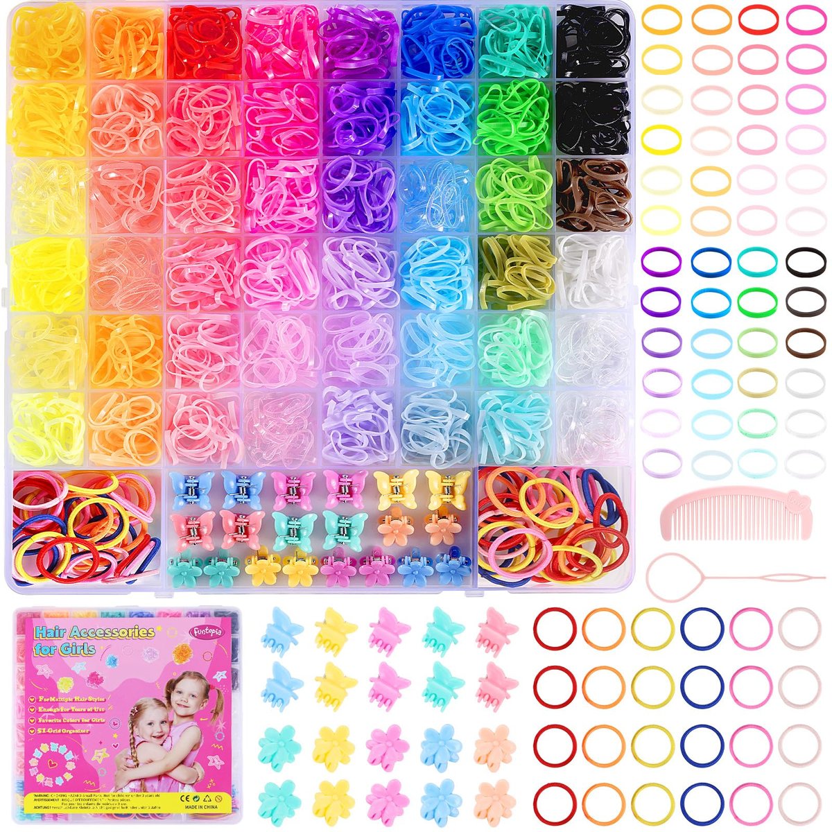 Funtopia 2100-teilige bunte Haargummis für Mädchen, 46 Farben, Baby-Haarbänder, kleine elastische Haarbänder mit Mini-Haarspangen für Kleinkinder und Kinder