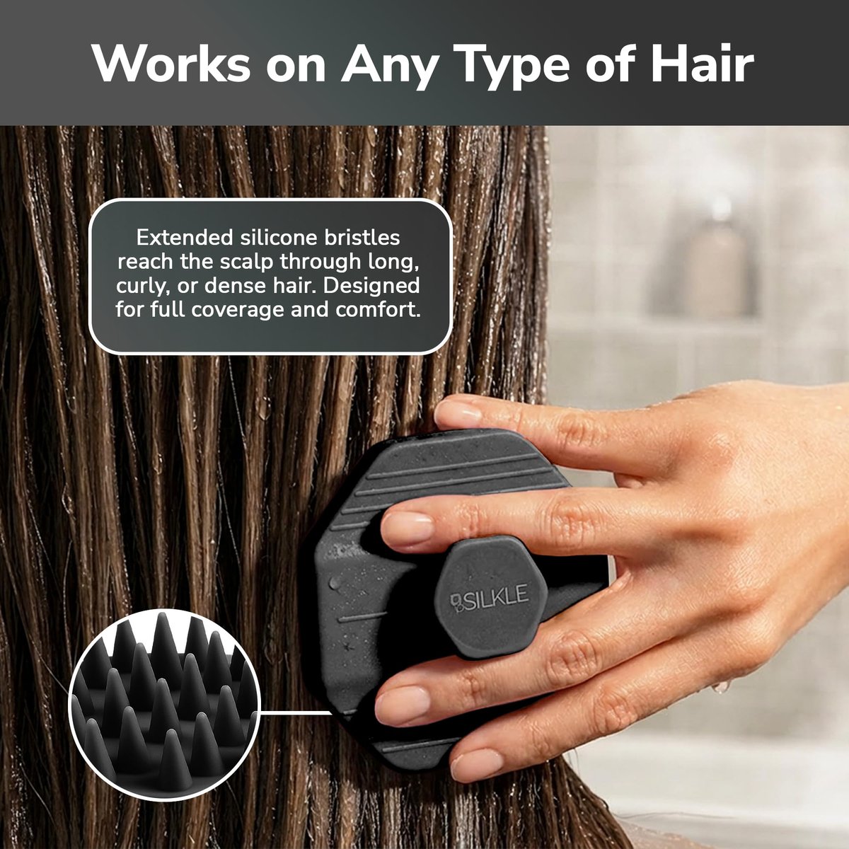 SILKLE Kopfhautmassagegerät Shampoo-Bürste – Silikon-Kopfhautschrubber für Haarwachstum & Schuppenentfernung, Einteilig, Rutschfester Griff, Weiche Borsten, Nass/Trocken Duschpeeling für alle Haartypen – Schwarz