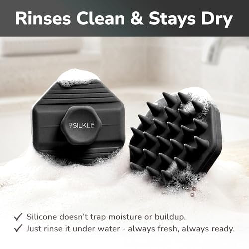 SILKLE Kopfhautmassagegerät Shampoo-Bürste – Silikon-Kopfhautschrubber für Haarwachstum & Schuppenentfernung, Einteilig, Rutschfester Griff, Weiche Borsten, Nass/Trocken Duschpeeling für alle Haartypen – Schwarz