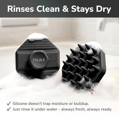 SILKLE Kopfhautmassagegerät Shampoo-Bürste – Silikon-Kopfhautschrubber für Haarwachstum & Schuppenentfernung, Einteilig, Rutschfester Griff, Weiche Borsten, Nass/Trocken Duschpeeling für alle Haartypen – Schwarz