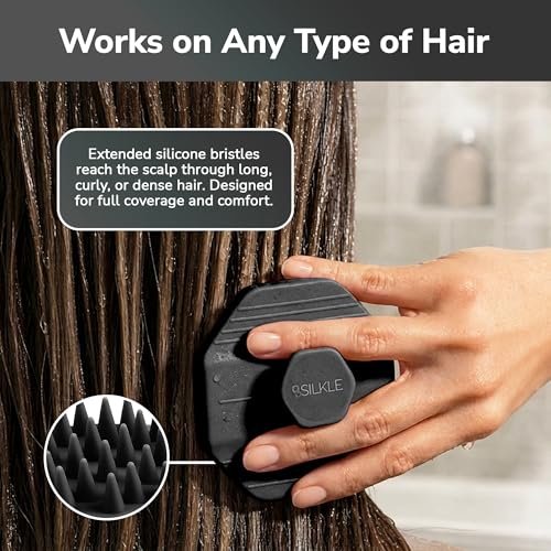 SILKLE Kopfhautmassagegerät Shampoo-Bürste – Silikon-Kopfhautschrubber für Haarwachstum & Schuppenentfernung, Einteilig, Rutschfester Griff, Weiche Borsten, Nass/Trocken Duschpeeling für alle Haartypen – Schwarz