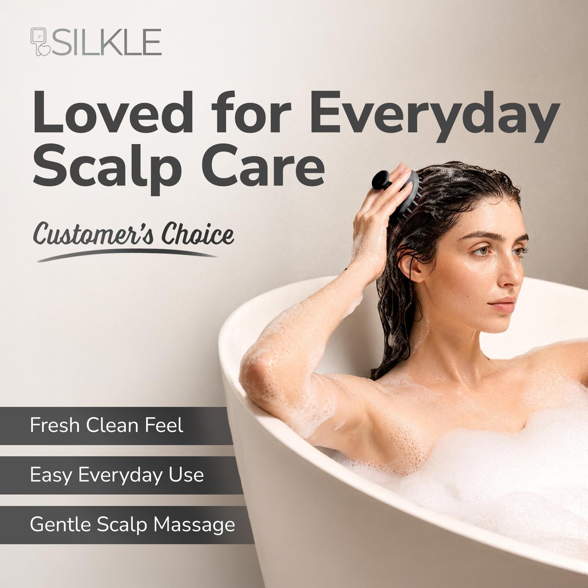 SILKLE Kopfhautmassagegerät Shampoo-Bürste – Silikon-Kopfhautschrubber für Haarwachstum & Schuppenentfernung, Einteilig, Rutschfester Griff, Weiche Borsten, Nass/Trocken Duschpeeling für alle Haartypen – Schwarz