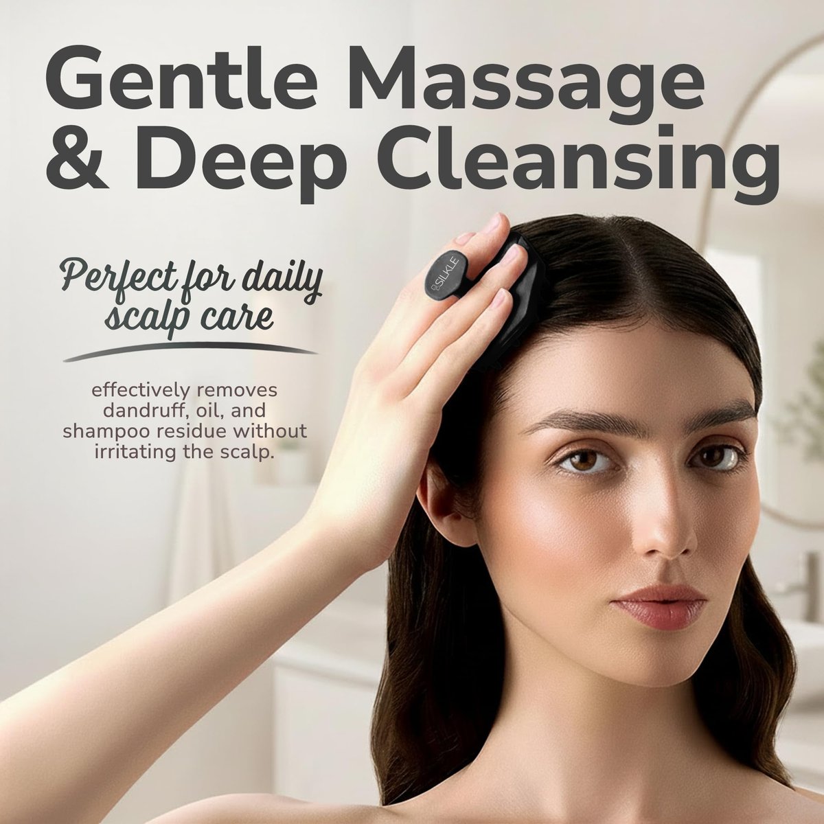 SILKLE Kopfhautmassagegerät Shampoo-Bürste – Silikon-Kopfhautschrubber für Haarwachstum & Schuppenentfernung, Einteilig, Rutschfester Griff, Weiche Borsten, Nass/Trocken Duschpeeling für alle Haartypen – Schwarz