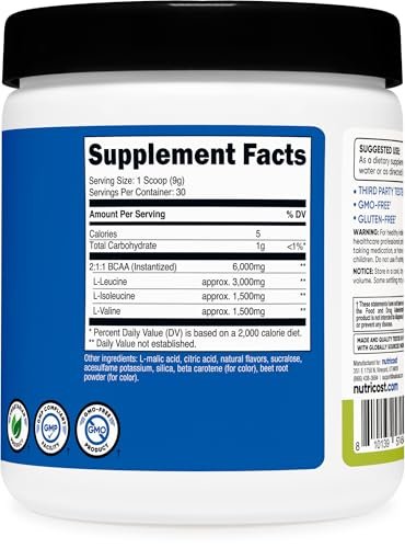 Nutricost BCAA Pulver 2:1:1 (Pfirsich-Birne, 30 Portionen) - Verzweigtkettige Aminosäuren