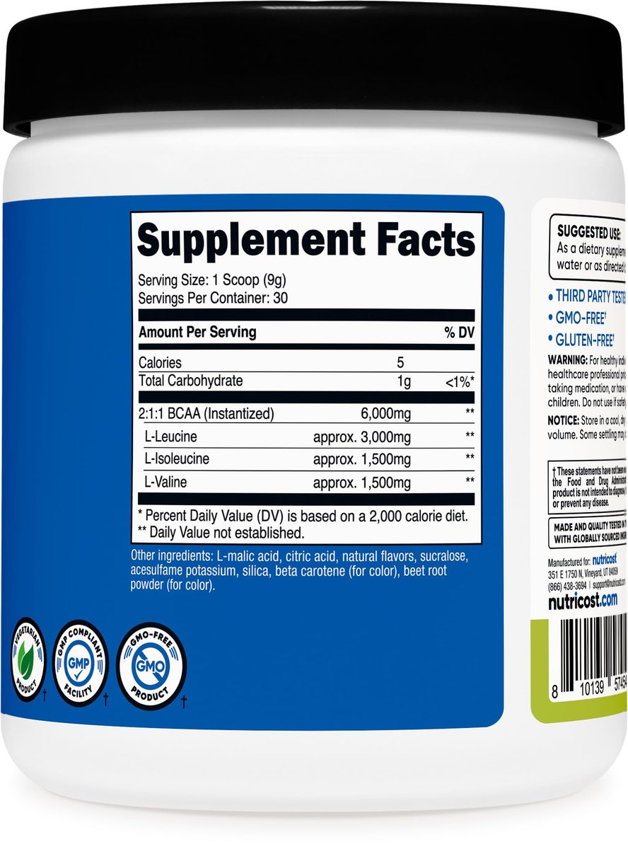 Nutricost BCAA Pulver 2:1:1 (Pfirsich-Birne, 30 Portionen) - Verzweigtkettige Aminosäuren