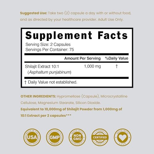 Shilajit Kapseln mit 85+ Spurenelementen (75-Tage-Vorrat, 1000 mg Extrakt pro Portion) – Himalaya-Shilajit für Männer & Frauen mit Fulvinsäure – Laborgeprüft, Vegan, USA-Herstellung