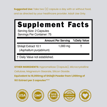 Shilajit Kapseln mit 85+ Spurenelementen (75-Tage-Vorrat, 1000 mg Extrakt pro Portion) – Himalaya-Shilajit für Männer & Frauen mit Fulvinsäure – Laborgeprüft, Vegan, USA-Herstellung