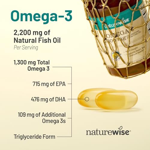 NatureWise Ultra Omega 3 Fischöl 2200 mg – 1300 mg Omega-3 - Triglyceridform - Zitronengeschmack - Wild gefangenes Fischöl + EPA & DHA - Burpless, Nicht-GVO - 60 Weichkapseln [1-Monatsvorrat]