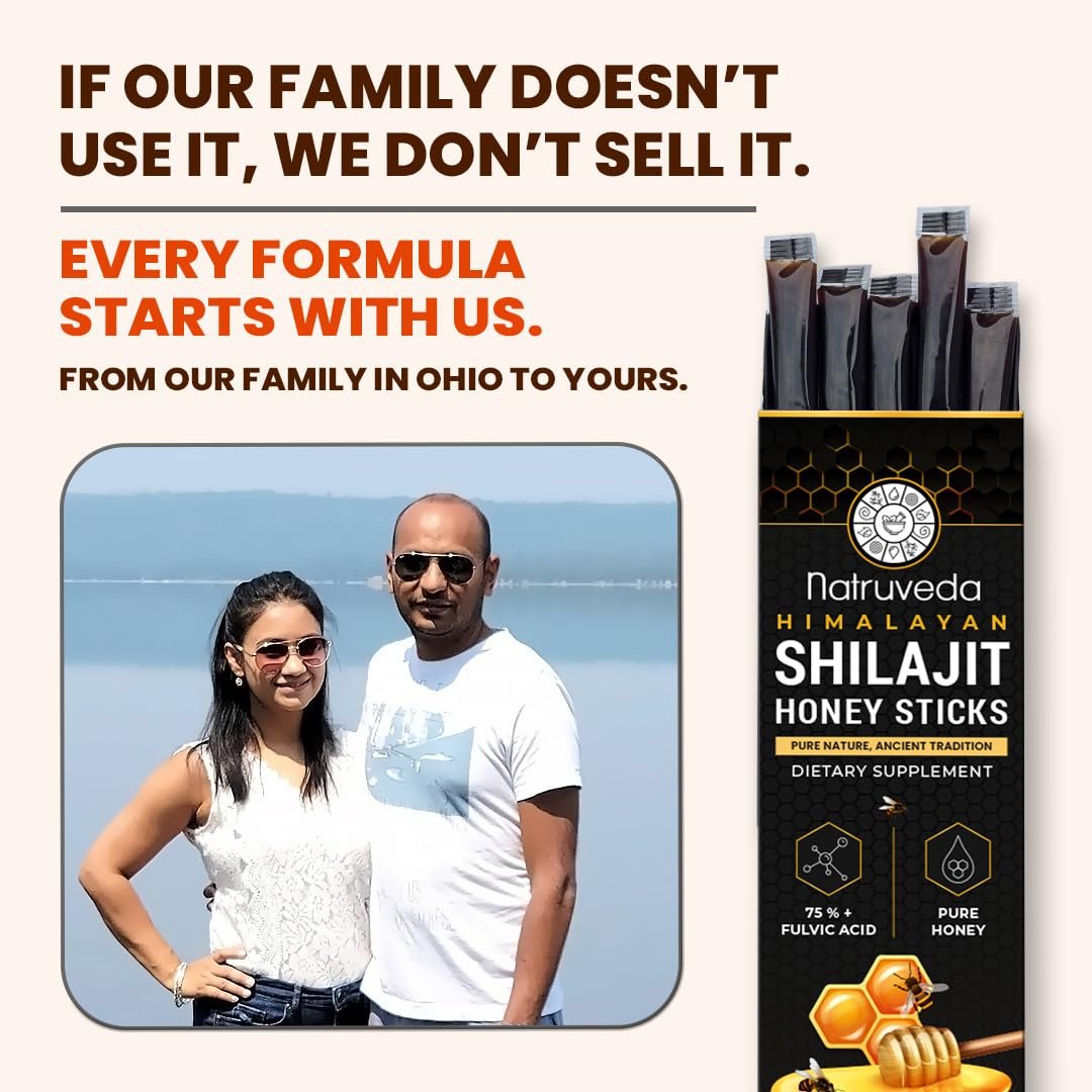 Natruveda Himalayan Shilajit Honey Sticks - 75%+ Fulvinsäure & Spurenelemente - Rohhonig, Safran & Shilajit-Harz - 10 Sticks