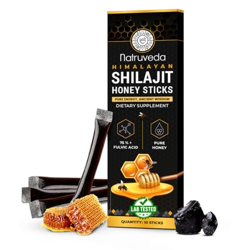 Natruveda Himalayan Shilajit Honey Sticks - 75%+ Fulvinsäure & Spurenelemente - Rohhonig, Safran & Shilajit-Harz - 10 Sticks