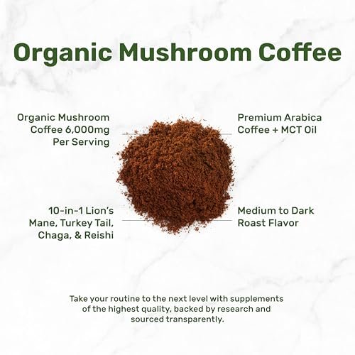 Bio Pilz Kaffee, 10oz – 10 Adaptogene Pilze mit Arabica Kaffee + MCT-Öl für glatten Geschmack – Truthahnschwanz, Löwenmähne, Cordyceps, Chaga, Reishi – Immun-, Energie- & Gehirnunterstützung