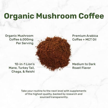 Bio Pilz Kaffee, 10oz – 10 Adaptogene Pilze mit Arabica Kaffee + MCT-Öl für glatten Geschmack – Truthahnschwanz, Löwenmähne, Cordyceps, Chaga, Reishi – Immun-, Energie- & Gehirnunterstützung