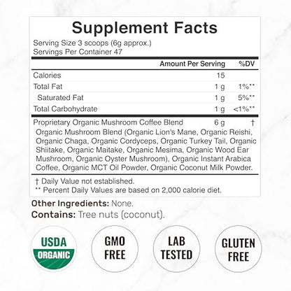 Bio Pilz Kaffee, 10oz – 10 Adaptogene Pilze mit Arabica Kaffee + MCT-Öl für glatten Geschmack – Truthahnschwanz, Löwenmähne, Cordyceps, Chaga, Reishi – Immun-, Energie- & Gehirnunterstützung
