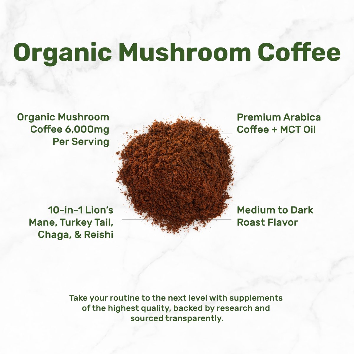 Bio Pilz Kaffee, 10oz – 10 Adaptogene Pilze mit Arabica Kaffee + MCT-Öl für glatten Geschmack – Truthahnschwanz, Löwenmähne, Cordyceps, Chaga, Reishi – Immun-, Energie- & Gehirnunterstützung