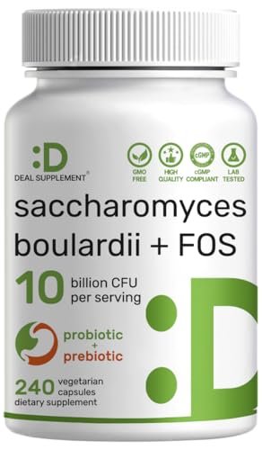 Saccharomyces Boulardii Probiotika + FOS Präbiotika, 10 Milliarden KBE, 240 vegane Kapseln – Probiotikum & Präbiotikum für Frauen & Männer – Unterstützung für Darm, Immunsystem & Verdauung – Nicht-GVO