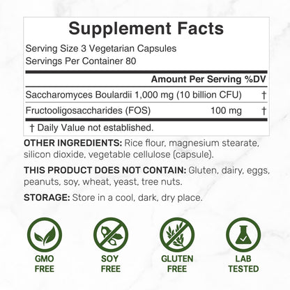 Saccharomyces Boulardii Probiotika + FOS Präbiotika, 10 Milliarden KBE, 240 vegane Kapseln – Probiotikum & Präbiotikum für Frauen & Männer – Unterstützung für Darm, Immunsystem & Verdauung – Nicht-GVO