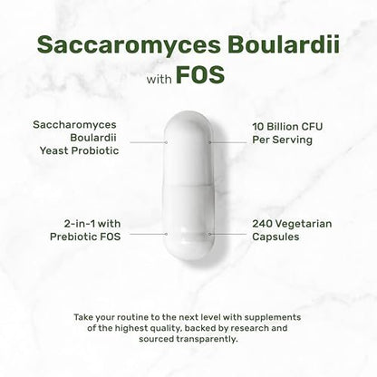 Saccharomyces Boulardii Probiotika + FOS Präbiotika, 10 Milliarden KBE, 240 vegane Kapseln – Probiotikum & Präbiotikum für Frauen & Männer – Unterstützung für Darm, Immunsystem & Verdauung – Nicht-GVO