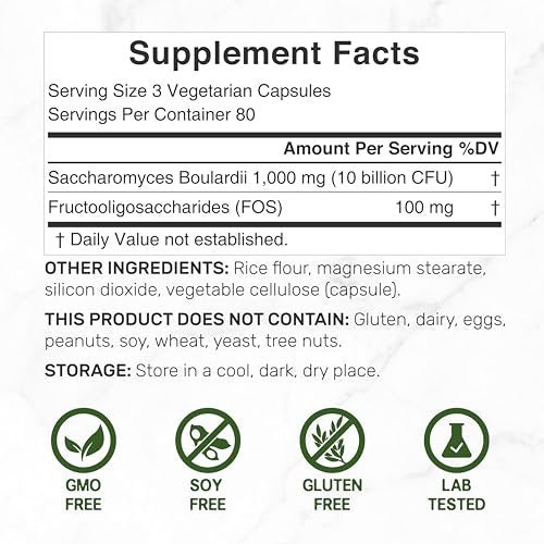 Saccharomyces Boulardii Probiotika + FOS Präbiotika, 10 Milliarden KBE, 240 vegane Kapseln – Probiotikum & Präbiotikum für Frauen & Männer – Unterstützung für Darm, Immunsystem & Verdauung – Nicht-GVO