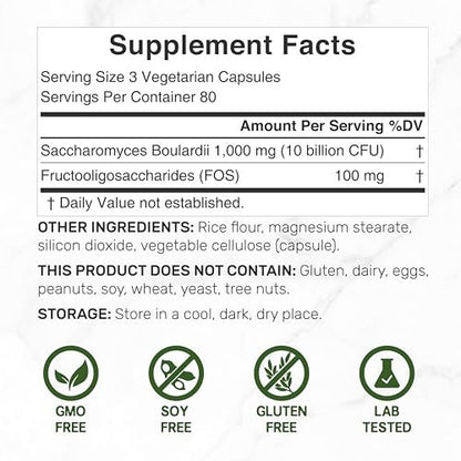 Saccharomyces Boulardii Probiotika + FOS Präbiotika, 10 Milliarden KBE, 240 vegane Kapseln – Probiotikum & Präbiotikum für Frauen & Männer – Unterstützung für Darm, Immunsystem & Verdauung – Nicht-GVO