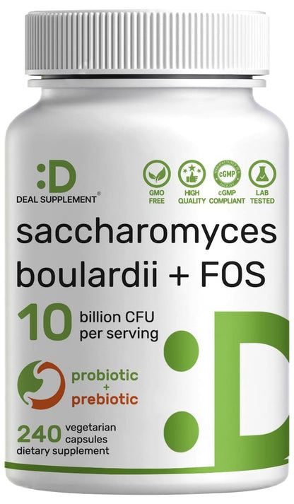 Saccharomyces Boulardii Probiotika + FOS Präbiotika, 10 Milliarden KBE, 240 vegane Kapseln – Probiotikum & Präbiotikum für Frauen & Männer – Unterstützung für Darm, Immunsystem & Verdauung – Nicht-GVO