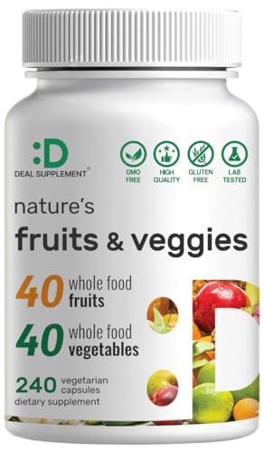 Nature’s Fruits & Veggies Supplement, 240 Veggie Kapseln – 80 Vollwert-Superfoods für das tägliche Gleichgewicht – 40 Früchte mit 40 Gemüse- und Grünpflanzen – Nicht-GVO, Glutenfrei