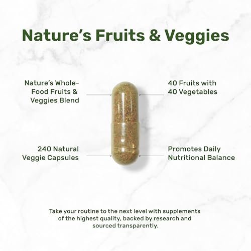 Nature’s Fruits & Veggies Supplement, 240 Veggie Kapseln – 80 Vollwert-Superfoods für das tägliche Gleichgewicht – 40 Früchte mit 40 Gemüse- und Grünpflanzen – Nicht-GVO, Glutenfrei