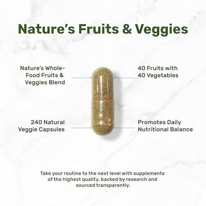 Nature’s Fruits & Veggies Supplement, 240 Veggie Kapseln – 80 Vollwert-Superfoods für das tägliche Gleichgewicht – 40 Früchte mit 40 Gemüse- und Grünpflanzen – Nicht-GVO, Glutenfrei