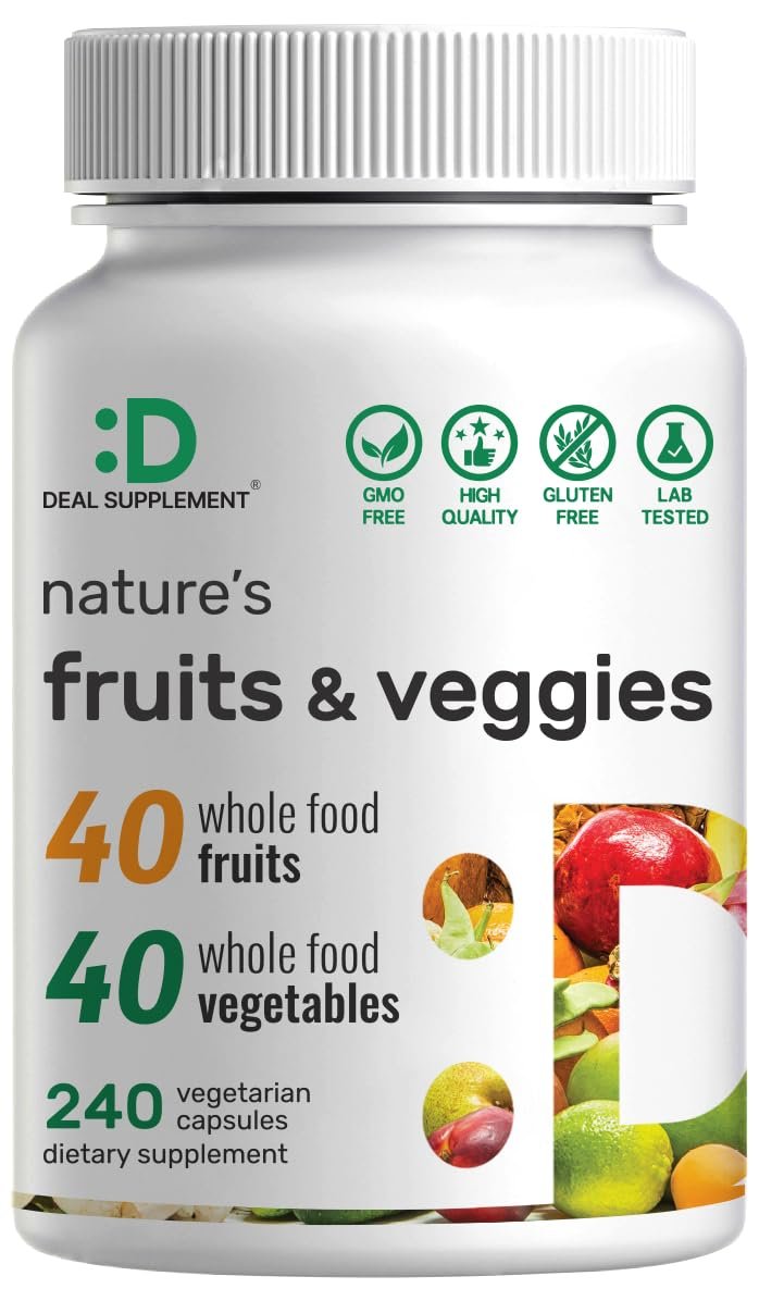 Nature’s Fruits & Veggies Supplement, 240 Veggie Kapseln – 80 Vollwert-Superfoods für das tägliche Gleichgewicht – 40 Früchte mit 40 Gemüse- und Grünpflanzen – Nicht-GVO, Glutenfrei