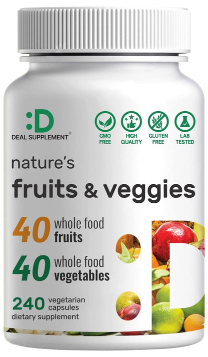Nature’s Fruits & Veggies Supplement, 240 Veggie Kapseln – 80 Vollwert-Superfoods für das tägliche Gleichgewicht – 40 Früchte mit 40 Gemüse- und Grünpflanzen – Nicht-GVO, Glutenfrei