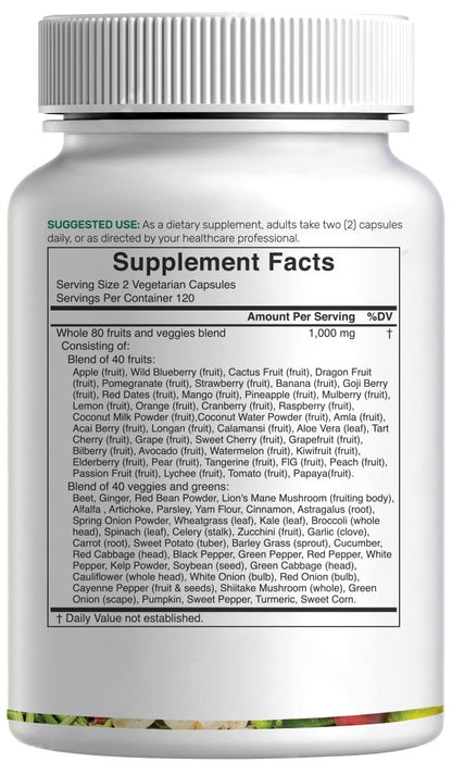 Nature’s Fruits & Veggies Supplement, 240 Veggie Kapseln – 80 Vollwert-Superfoods für das tägliche Gleichgewicht – 40 Früchte mit 40 Gemüse- und Grünpflanzen – Nicht-GVO, Glutenfrei