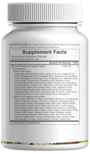 Nature’s Fruits & Veggies Supplement, 240 Veggie Kapseln – 80 Vollwert-Superfoods für das tägliche Gleichgewicht – 40 Früchte mit 40 Gemüse- und Grünpflanzen – Nicht-GVO, Glutenfrei