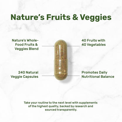 Nature’s Fruits & Veggies Supplement, 240 Veggie Kapseln – 80 Vollwert-Superfoods für das tägliche Gleichgewicht – 40 Früchte mit 40 Gemüse- und Grünpflanzen – Nicht-GVO, Glutenfrei