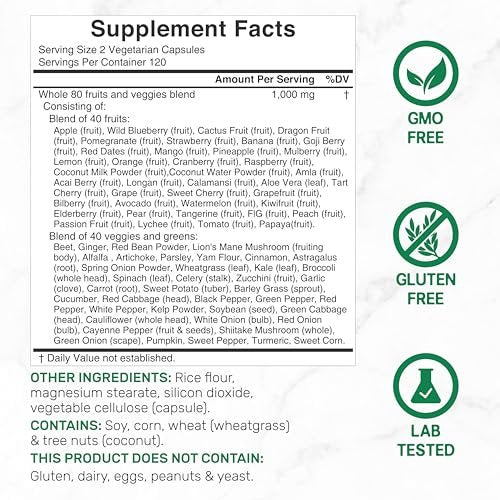 Nature’s Fruits & Veggies Supplement, 240 Veggie Kapseln – 80 Vollwert-Superfoods für das tägliche Gleichgewicht – 40 Früchte mit 40 Gemüse- und Grünpflanzen – Nicht-GVO, Glutenfrei