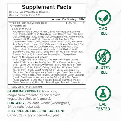Nature’s Fruits & Veggies Supplement, 240 Veggie Kapseln – 80 Vollwert-Superfoods für das tägliche Gleichgewicht – 40 Früchte mit 40 Gemüse- und Grünpflanzen – Nicht-GVO, Glutenfrei
