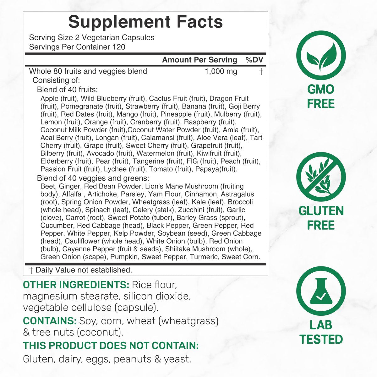 Nature’s Fruits & Veggies Supplement, 240 Veggie Kapseln – 80 Vollwert-Superfoods für das tägliche Gleichgewicht – 40 Früchte mit 40 Gemüse- und Grünpflanzen – Nicht-GVO, Glutenfrei