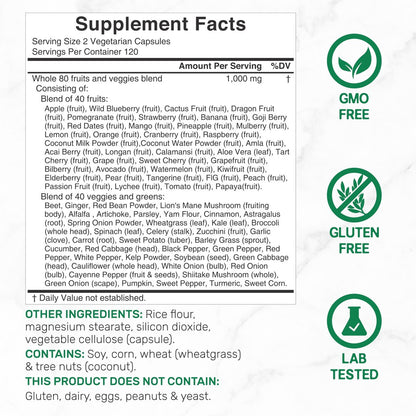Nature’s Fruits & Veggies Supplement, 240 Veggie Kapseln – 80 Vollwert-Superfoods für das tägliche Gleichgewicht – 40 Früchte mit 40 Gemüse- und Grünpflanzen – Nicht-GVO, Glutenfrei