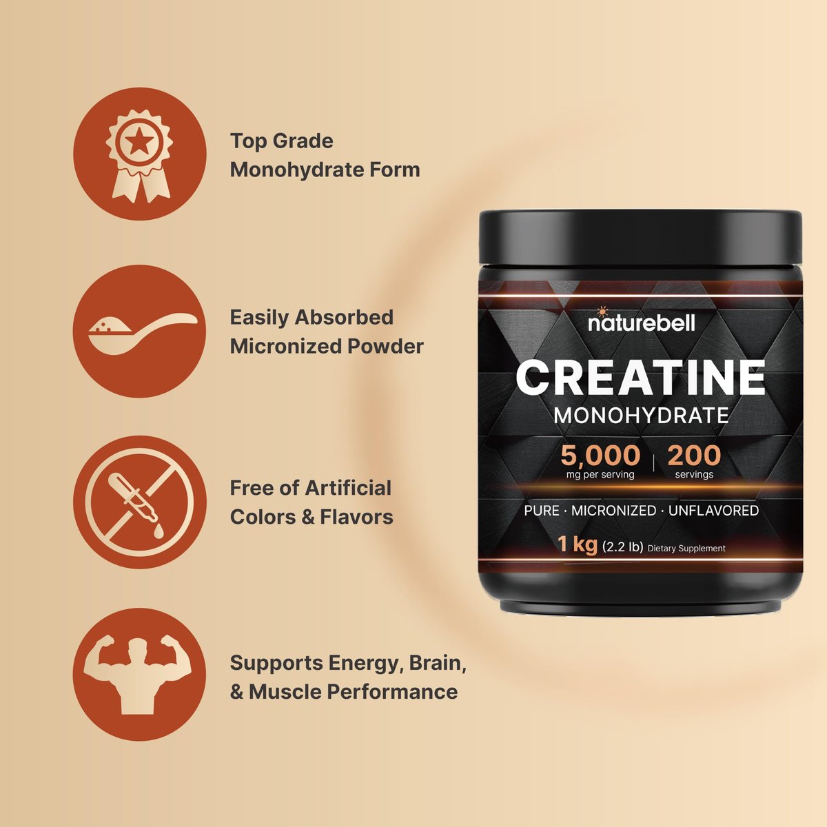 NatureBell Kreatin-Monohydrat Pulver 1000g, 5000mg pro Portion, 200 Portionen (2,2 lb) | Mikronisiert, Rein & Ungeschmackt | Pre-Workout Muskelunterstützung* | Keto, Vegan, Ohne Füllstoffe