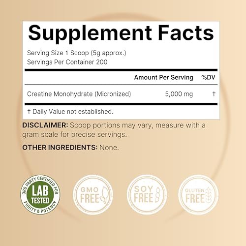 NatureBell Kreatin-Monohydrat Pulver 1000g, 5000mg pro Portion, 200 Portionen (2,2 lb) | Mikronisiert, Rein & Ungeschmackt | Pre-Workout Muskelunterstützung* | Keto, Vegan, Ohne Füllstoffe