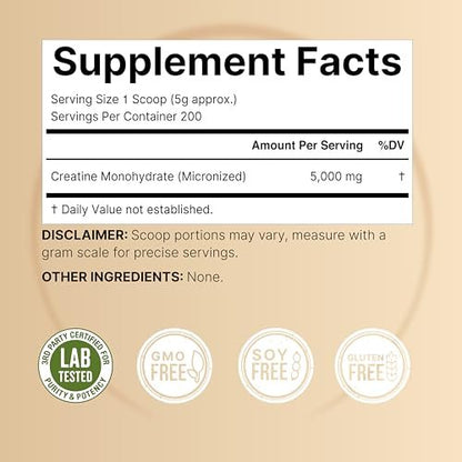 NatureBell Kreatin-Monohydrat Pulver 1000g, 5000mg pro Portion, 200 Portionen (2,2 lb) | Mikronisiert, Rein & Ungeschmackt | Pre-Workout Muskelunterstützung* | Keto, Vegan, Ohne Füllstoffe