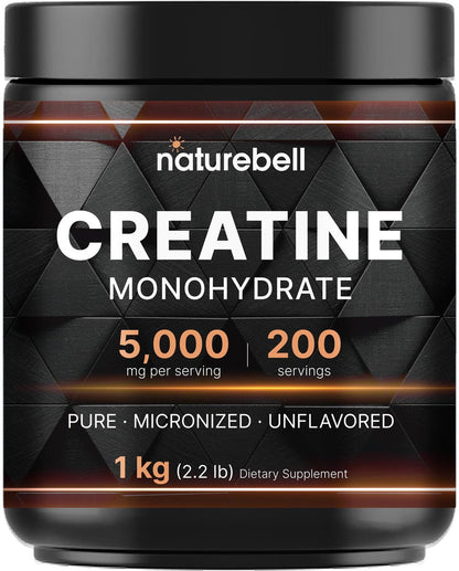 NatureBell Kreatin-Monohydrat Pulver 1000g, 5000mg pro Portion, 200 Portionen (2,2 lb) | Mikronisiert, Rein & Ungeschmackt | Pre-Workout Muskelunterstützung* | Keto, Vegan, Ohne Füllstoffe