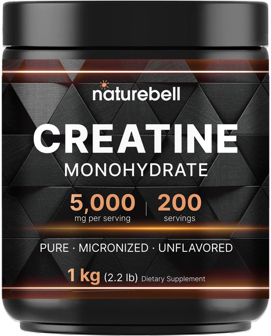 NatureBell Kreatin-Monohydrat Pulver 1000g, 5000mg pro Portion, 200 Portionen (2,2 lb) | Mikronisiert, Rein & Ungeschmackt | Pre-Workout Muskelunterstützung* | Keto, Vegan, Ohne Füllstoffe