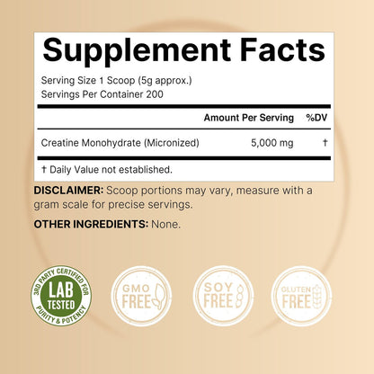 NatureBell Kreatin-Monohydrat Pulver 1000g, 5000mg pro Portion, 200 Portionen (2,2 lb) | Mikronisiert, Rein & Ungeschmackt | Pre-Workout Muskelunterstützung* | Keto, Vegan, Ohne Füllstoffe