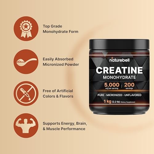NatureBell Kreatin-Monohydrat Pulver 1000g, 5000mg pro Portion, 200 Portionen (2,2 lb) | Mikronisiert, Rein & Ungeschmackt | Pre-Workout Muskelunterstützung* | Keto, Vegan, Ohne Füllstoffe