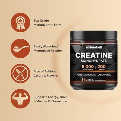 NatureBell Kreatin-Monohydrat Pulver 1000g, 5000mg pro Portion, 200 Portionen (2,2 lb) | Mikronisiert, Rein & Ungeschmackt | Pre-Workout Muskelunterstützung* | Keto, Vegan, Ohne Füllstoffe